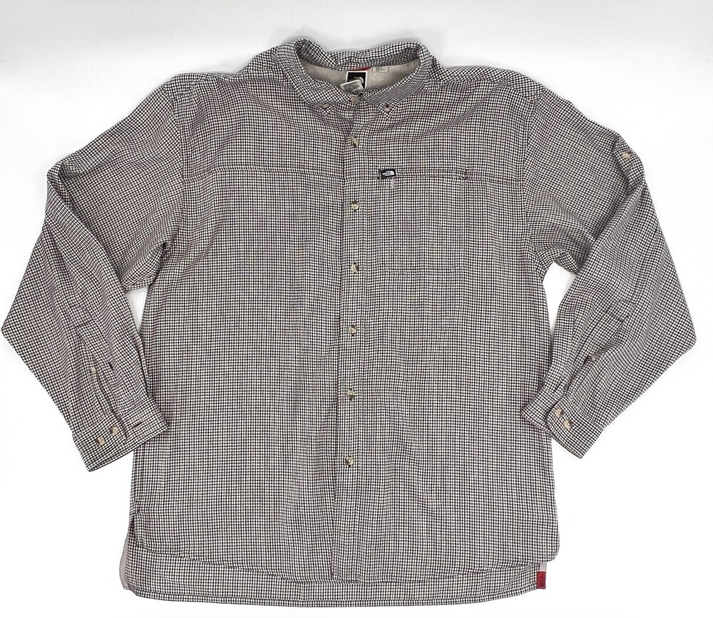 North Face Shirt Mens Extra Large Grey white Plaid Button up Long Sleeve Raglan